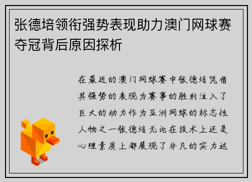 张德培领衔强势表现助力澳门网球赛夺冠背后原因探析